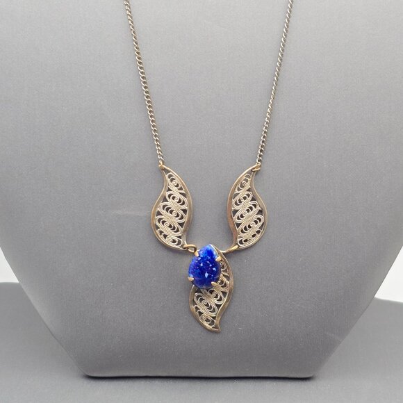 West German Jewelry - VTG West German Silver Filigree Necklace 16" Blue Glass Stone 1950s